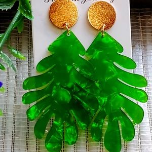 Palm Leaf Earrings w/ Metal Pendant Tops, Tropical